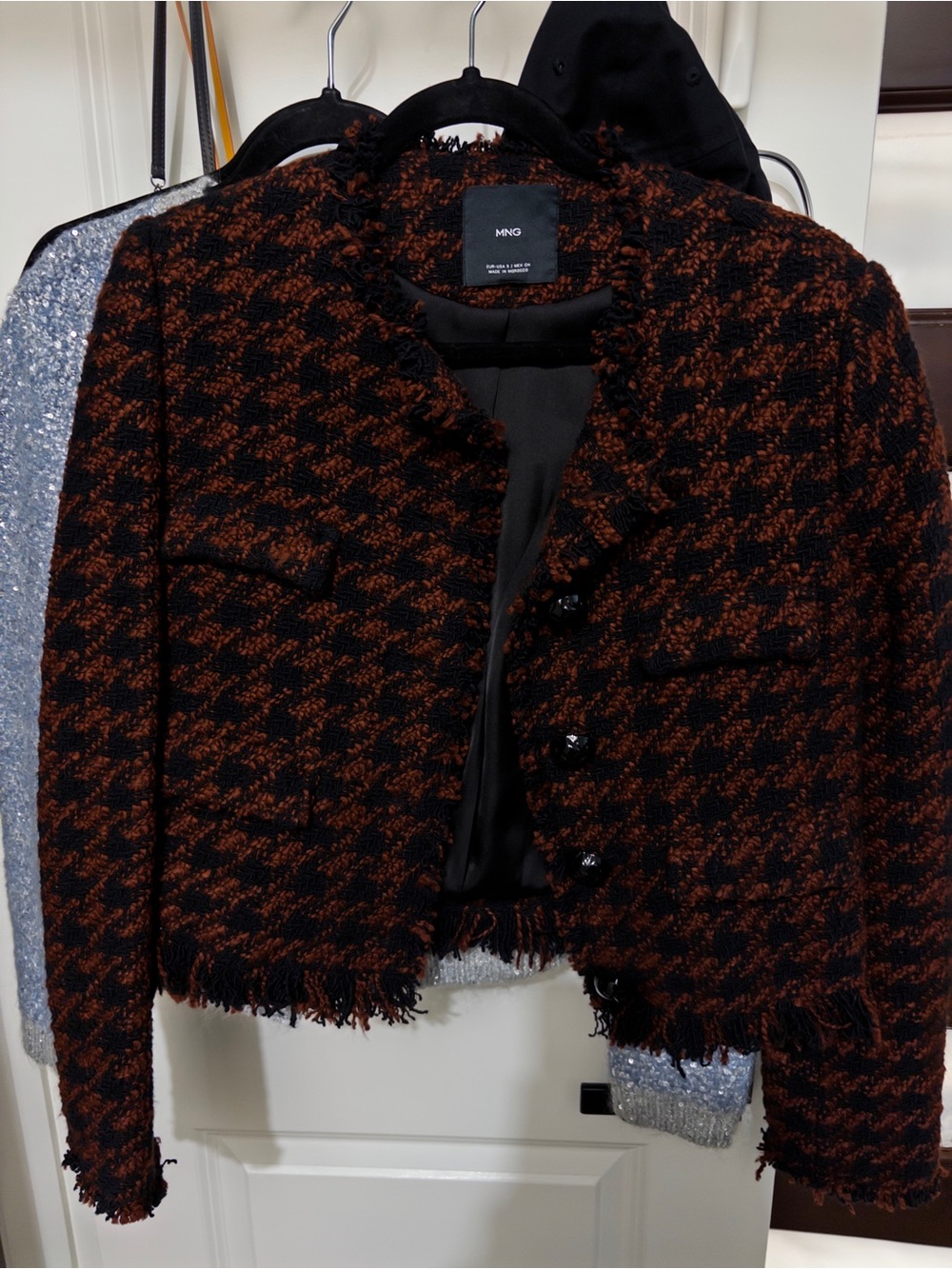 Mango Black & Brown Tweed Fringe Cropped Blazer